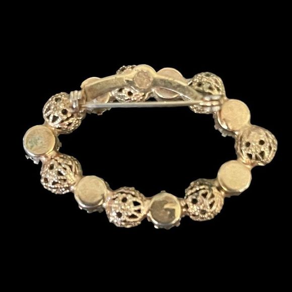 Vintage Aurora Borealis Prong Set Rhinestone Gold Tone Filigree Ball Brooch Pin - Picture 3 of 5